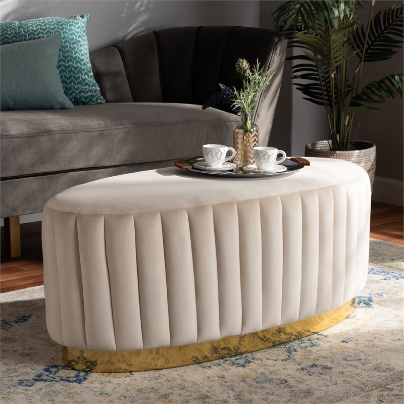 Baxton Studio Kirana White Velvet Fabric Upholstered and Gold PU Leather Ottoman