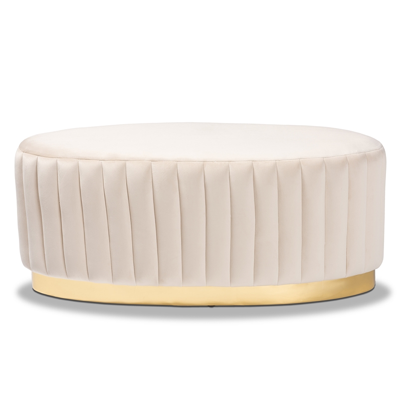 Baxton Studio Kirana White Velvet Fabric Upholstered and Gold PU Leather Ottoman