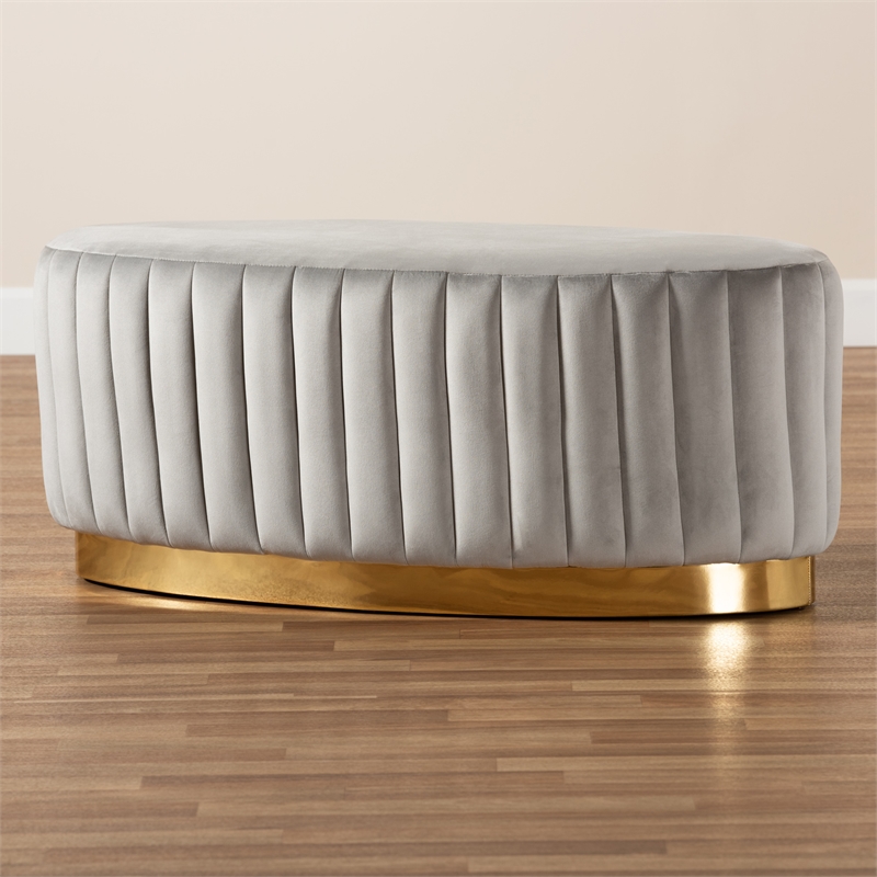 Baxton Studio Kirana Velvet Fabric Upholstered and Gold PU Leather Ottoman