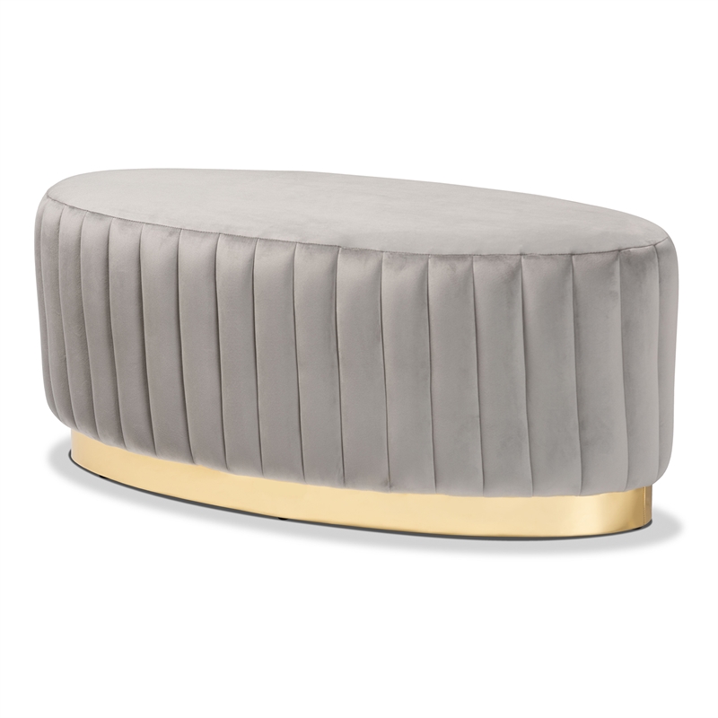 Baxton Studio Kirana Velvet Fabric Upholstered and Gold PU Leather Ottoman