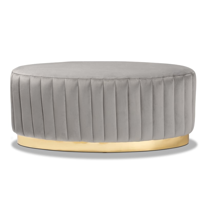 Baxton Studio Kirana Velvet Fabric Upholstered and Gold PU Leather Ottoman