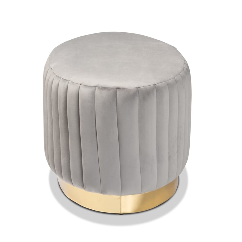 Baxton Studio Kirana Velvet Fabric Upholstered and Gold PU Leather Ottoman