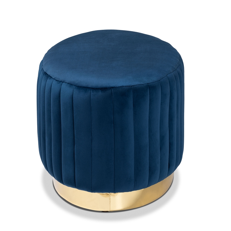 Baxton Studio Kirana Navy Blue Velvet Fabric Upholstered and Gold PU Ottoman