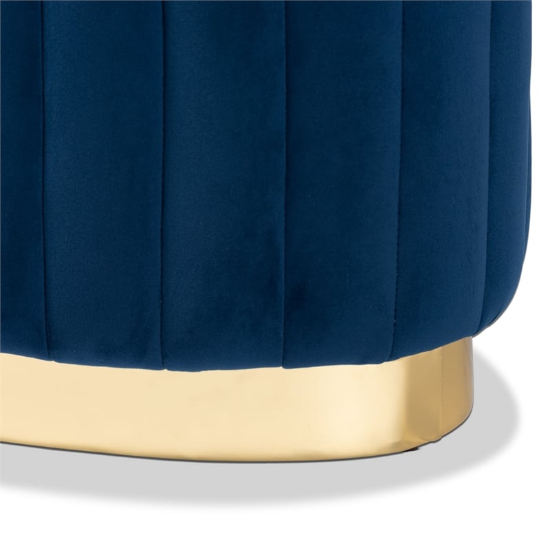 Baxton Studio Kirana Navy Blue Velvet Fabric Upholstered and Gold PU Ottoman