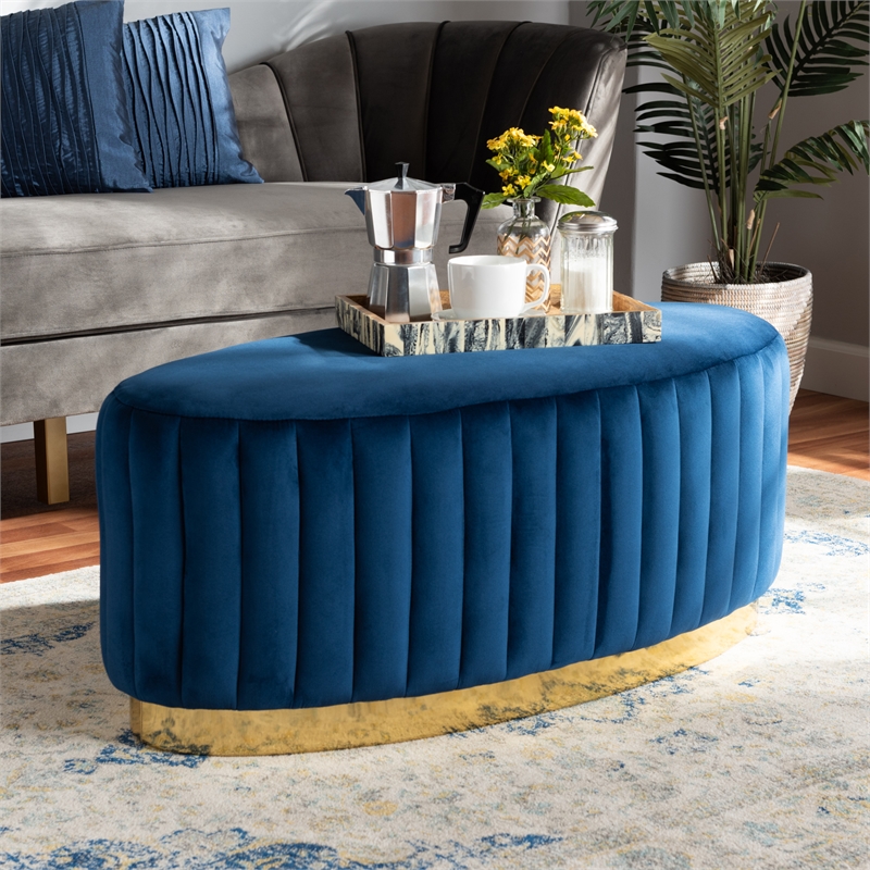 Baxton Studio Kirana Navy Blue Velvet Fabric Upholstered and Gold PU Ottoman