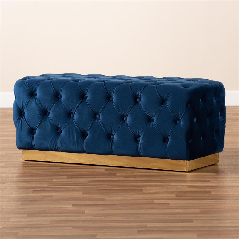 Baxton Studio Corrine Navy Blue Velvet Fabric Upholstered and Gold PU Ottoman