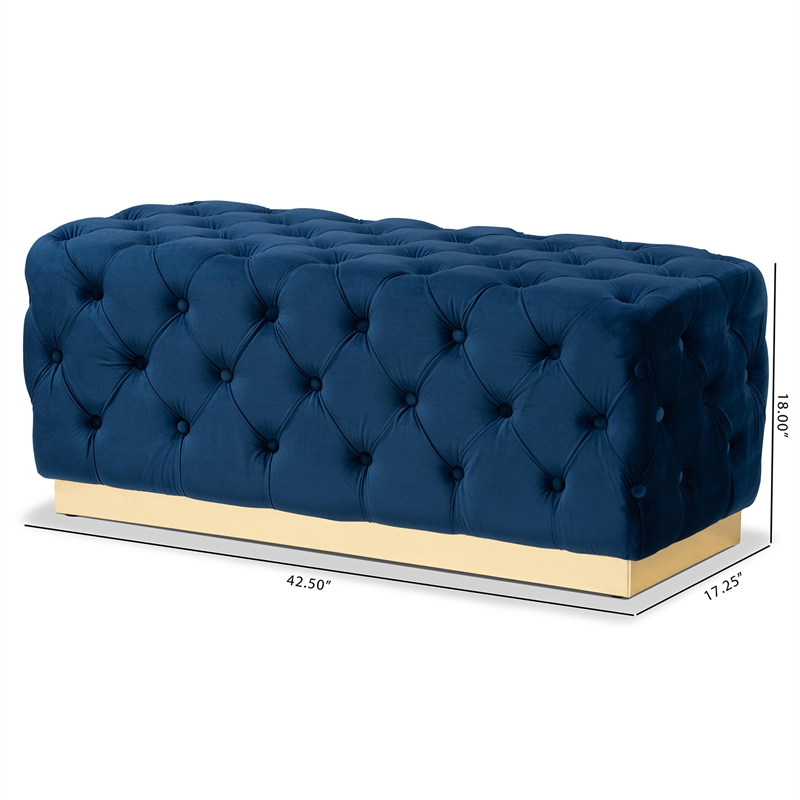 Baxton Studio Corrine Navy Blue Velvet Fabric Upholstered and Gold PU Ottoman