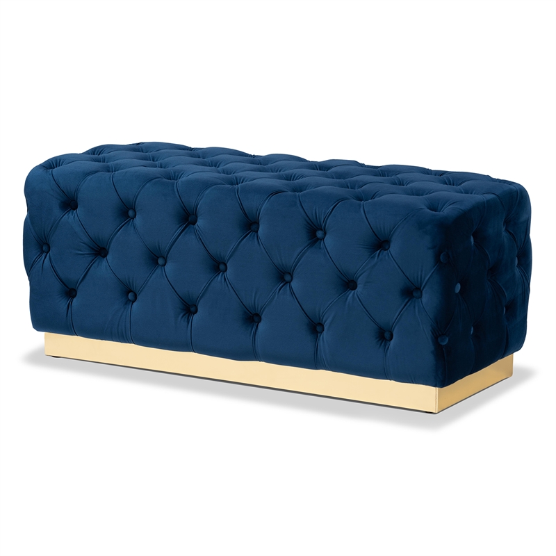 Baxton Studio Corrine Navy Blue Velvet Fabric Upholstered and Gold PU Ottoman
