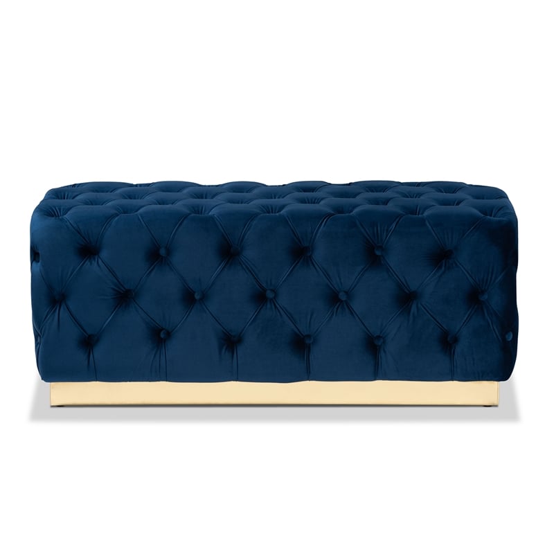 Baxton Studio Corrine Navy Blue Velvet Fabric Upholstered and Gold PU Ottoman