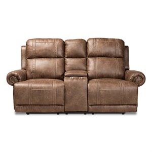 baxton studio buckley light brown 2-seater reclining loveseat with console