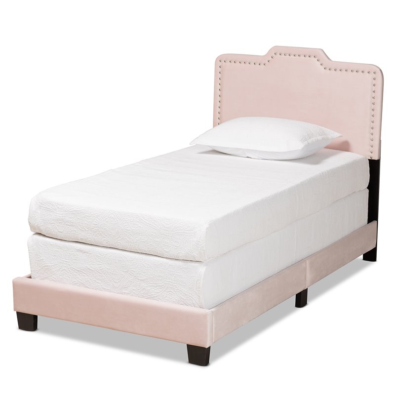 Baxton Studio Benjen Glam Light Pink Upholstered Twin Size Panel Bed