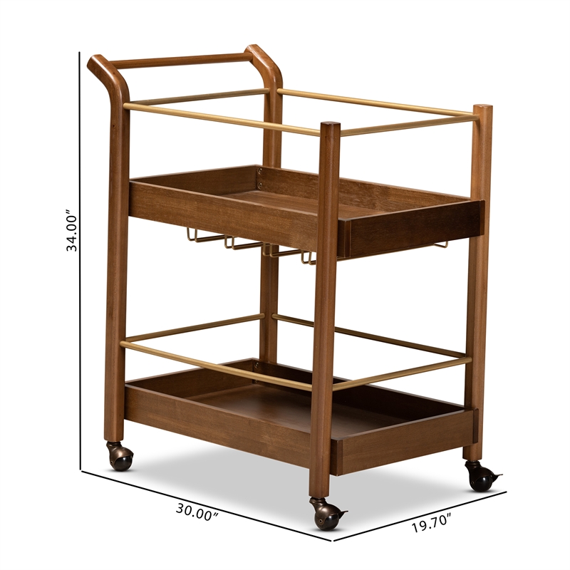 Baxton Studio Tahir Brown and Gold Finished Metal 2-Tier Mobile Bar Cart