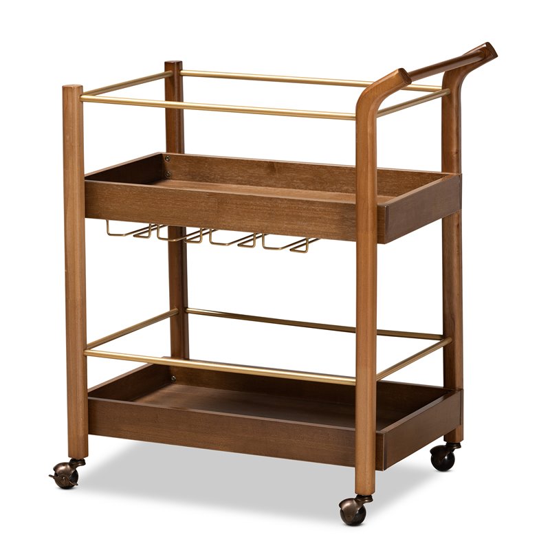 Baxton Studio Tahir Brown and Gold Finished Metal 2-Tier Mobile Bar Cart
