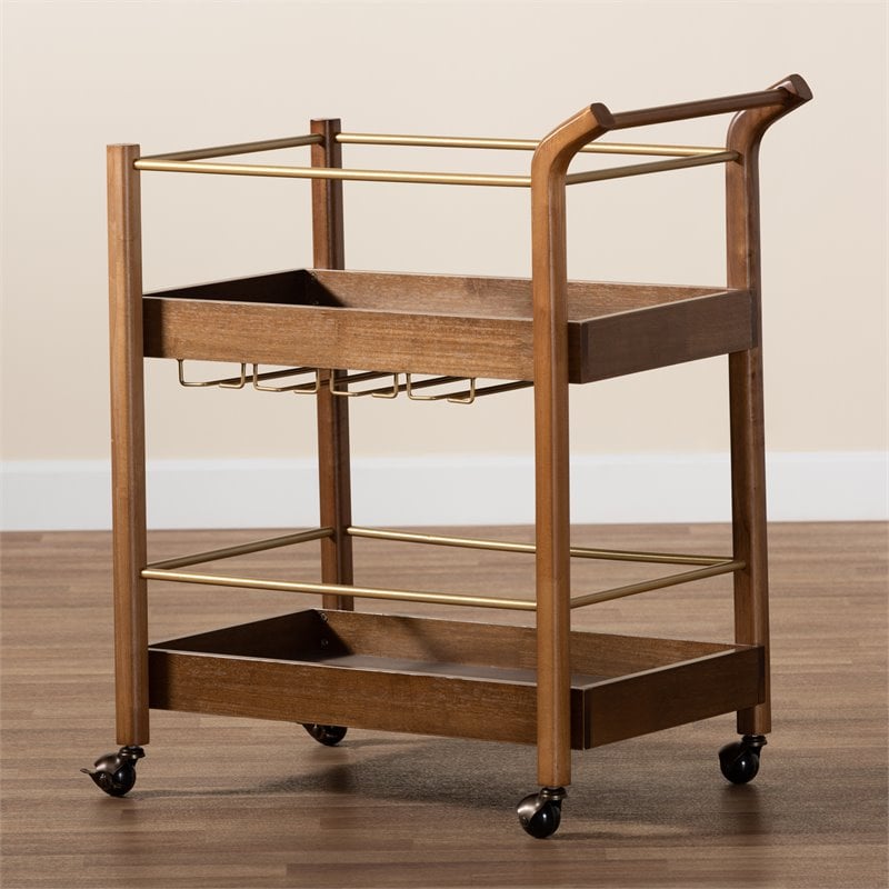 Baxton Studio Tahir Brown and Gold Finished Metal 2-Tier Mobile Bar Cart