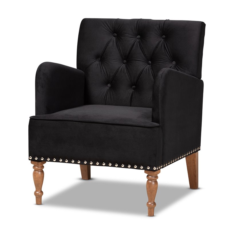 Baxton Studio Eri Black Velvet and Walnut Brown Finished Wood Armchair
