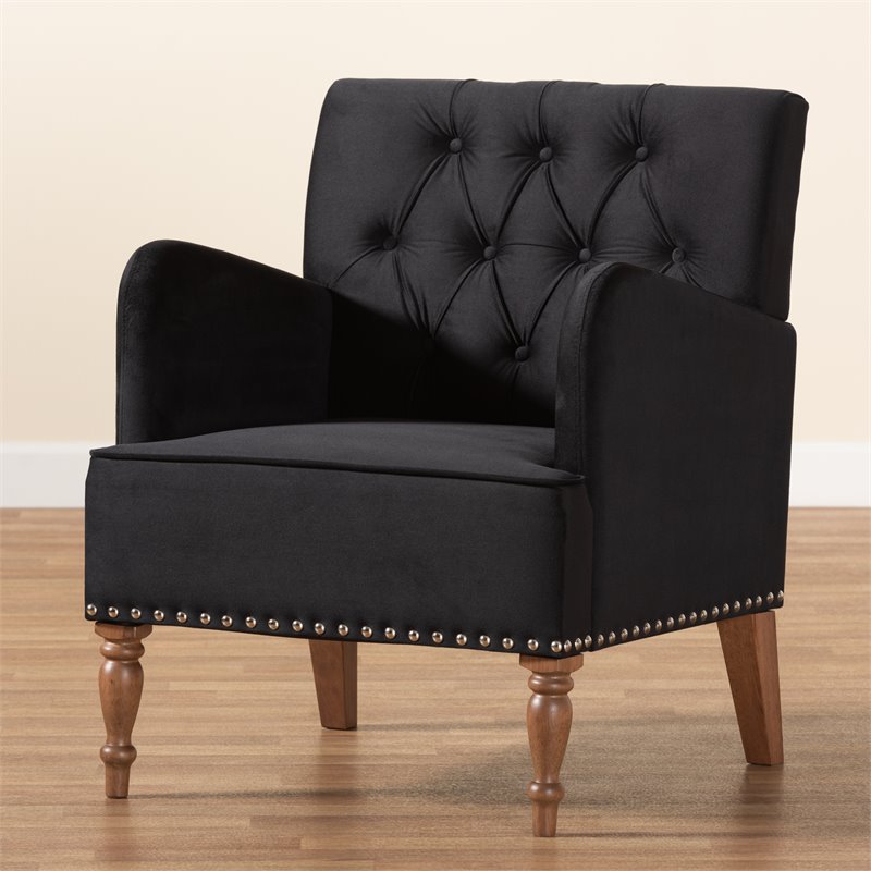 Baxton Studio Eri Black Velvet and Walnut Brown Finished Wood Armchair