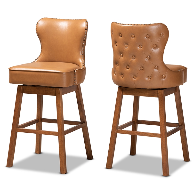 Baxton Studio Gradisca Tan Brown Finished Wood 2-Piece Swivel Bar Stool Set