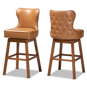 baxton studio gradisca tan brown finished wood 2-piece swivel bar stool set