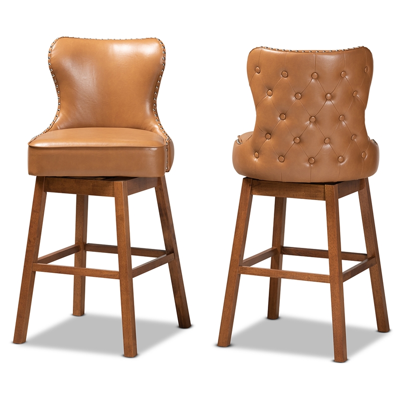 Baxton Studio Gradisca Tan Brown Finished Wood 2-Piece Swivel Bar Stool Set