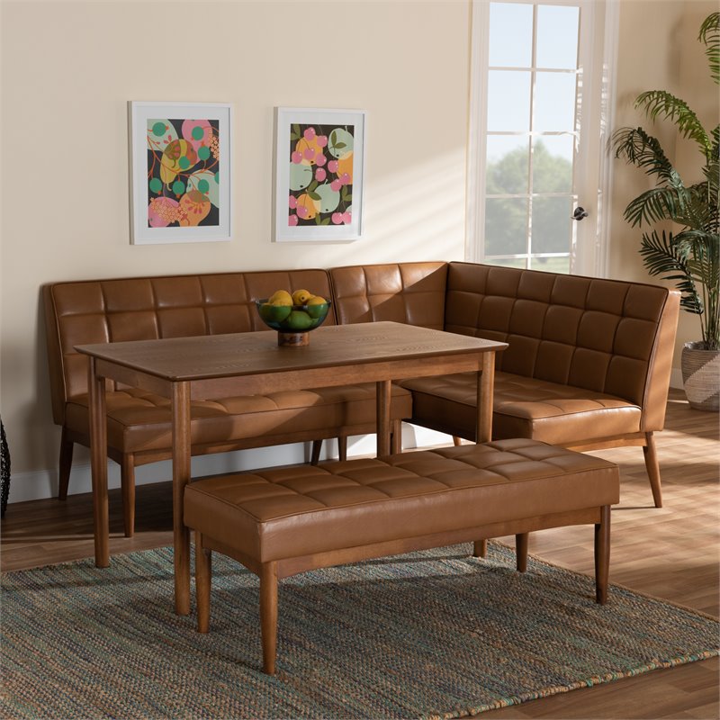 Baxton Studio Sanford Tan Walnut Brown Finished Wood 4-Piece Dining Nook Set