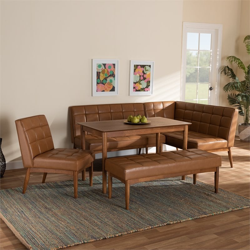 Baxton Studio Sanford Tan Walnut Brown Finished Wood 5-Piece Dining Nook Set