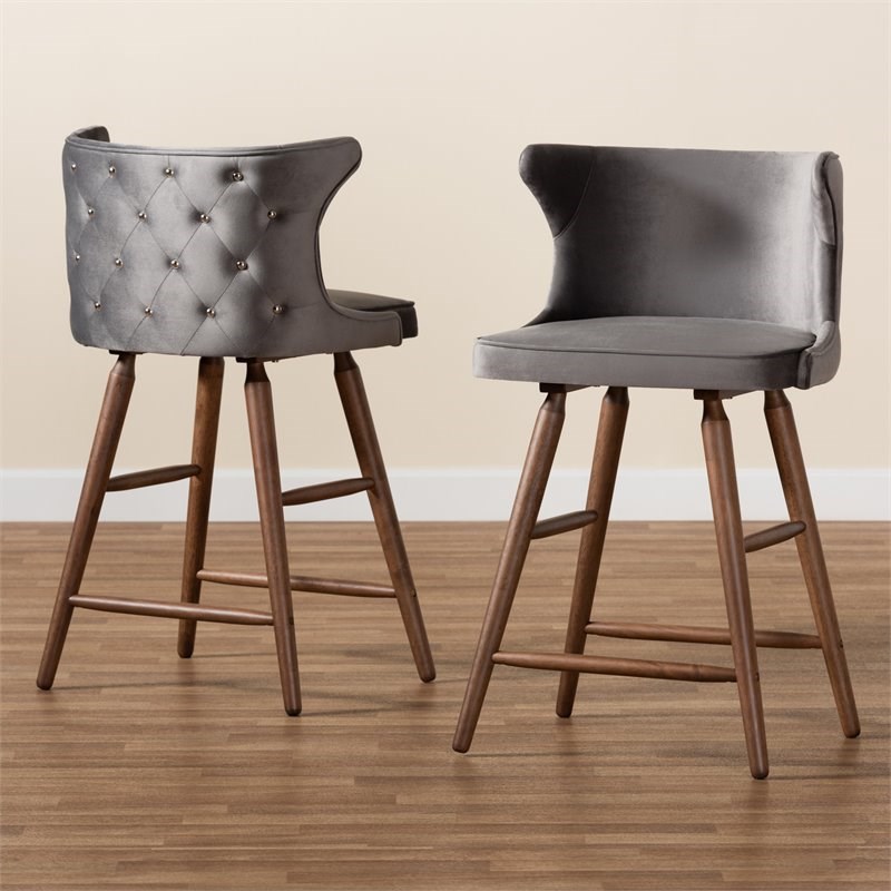Baxton Studio Sagira Grey and Walnut Brown Finished Wood 2-Piece Stool Set