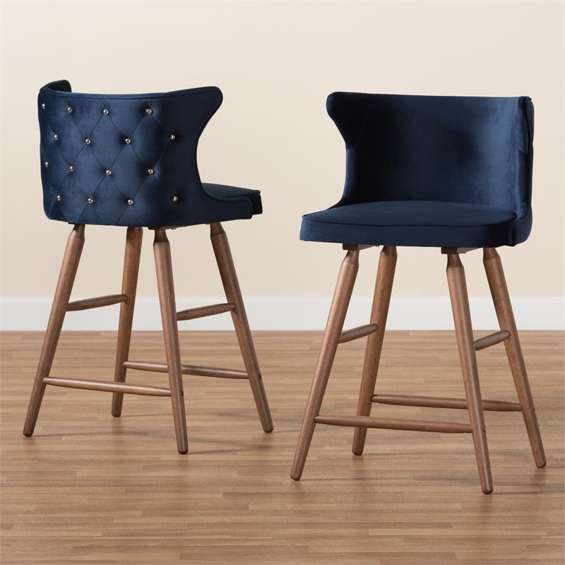 Baxton Studio Sagira Blue and Walnut Brown Finished Wood 2-Piece Stool Set