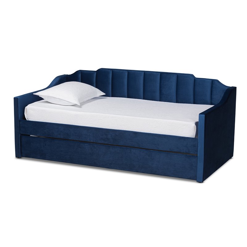 Baxton Studio Lennon Navy Blue Velvet Twin Size Daybed with Trundle