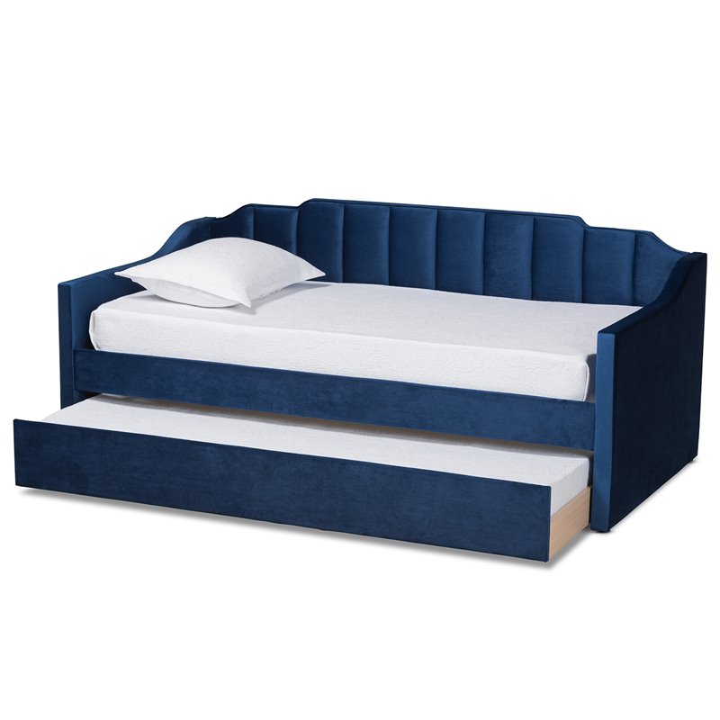Baxton Studio Lennon Navy Blue Velvet Twin Size Daybed with Trundle