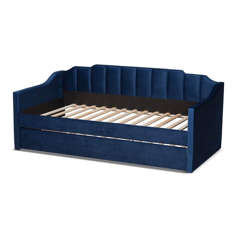 Baxton Studio Lennon Navy Blue Velvet Twin Size Daybed with Trundle