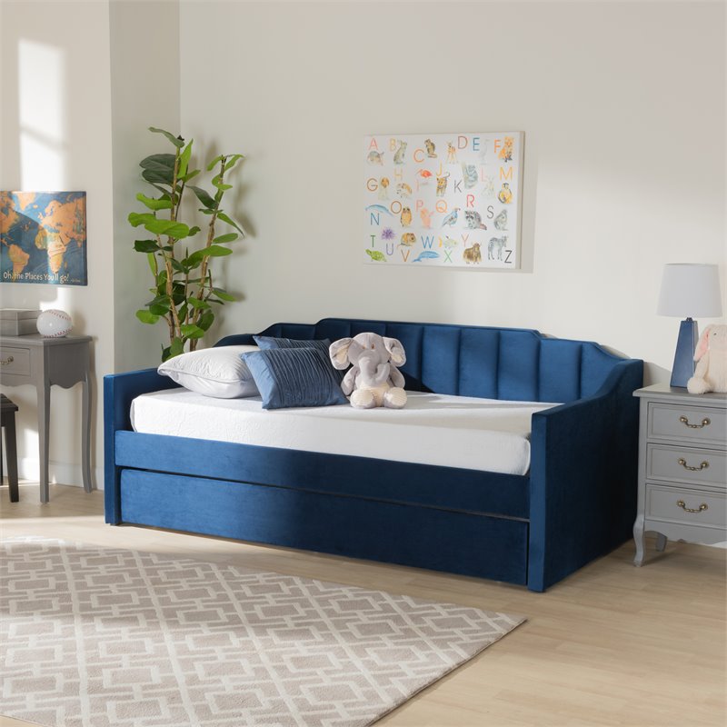 Baxton Studio Lennon Navy Blue Velvet Twin Size Daybed with Trundle
