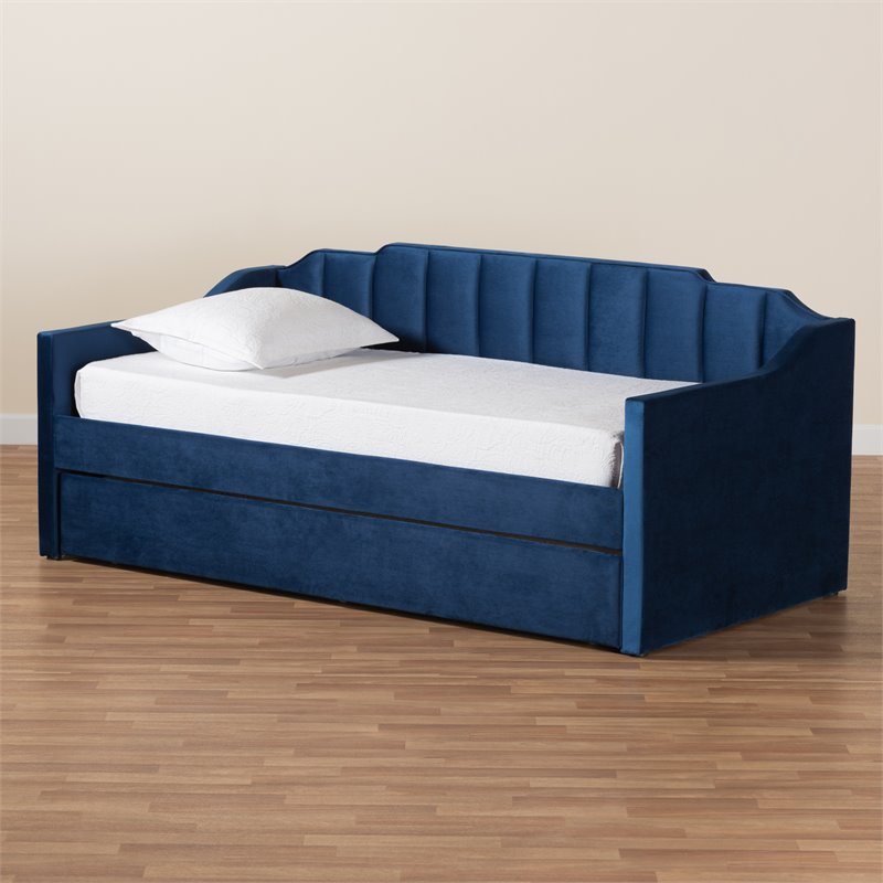 Baxton Studio Lennon Navy Blue Velvet Twin Size Daybed with Trundle