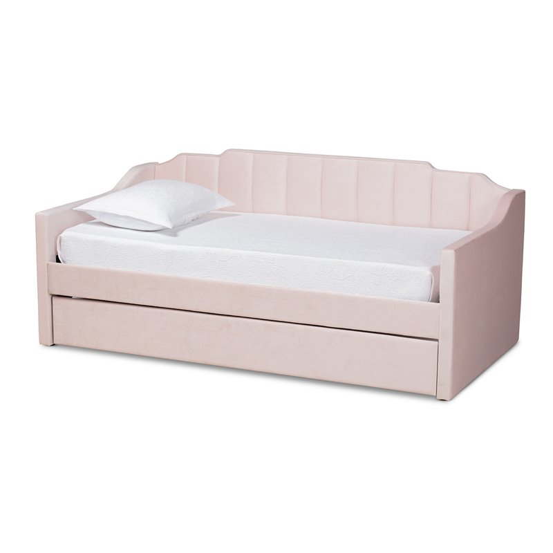 Baxton Studio Lennon Pink Velvet Twin Size Daybed with Trundle
