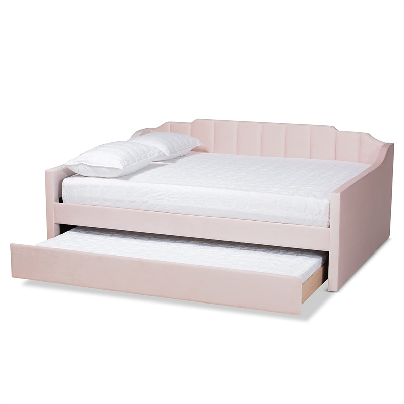 Baxton Studio Lennon Pink Velvet Full Size Daybed with Trundle