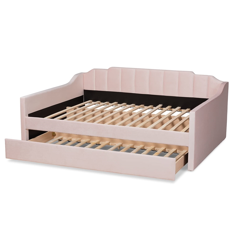 Baxton Studio Lennon Pink Velvet Full Size Daybed with Trundle