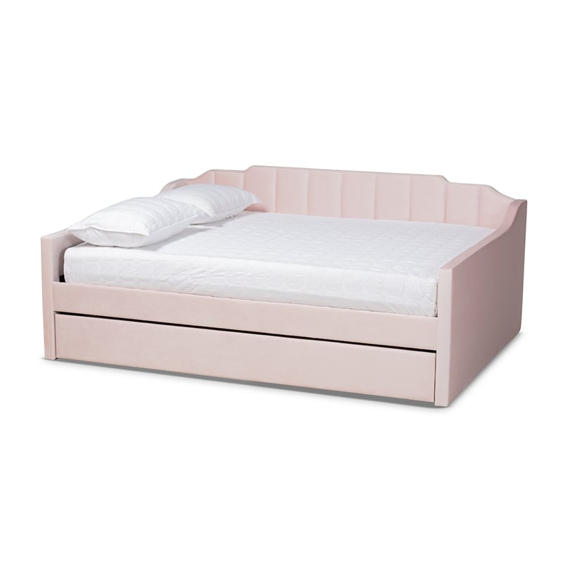 Baxton Studio Lennon Pink Velvet Queen Size Daybed with Trundle