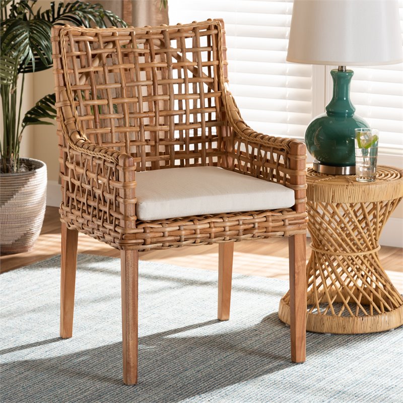 Baxton Studio Saoka Natural Brown Finished Wood and Rattan Armchair