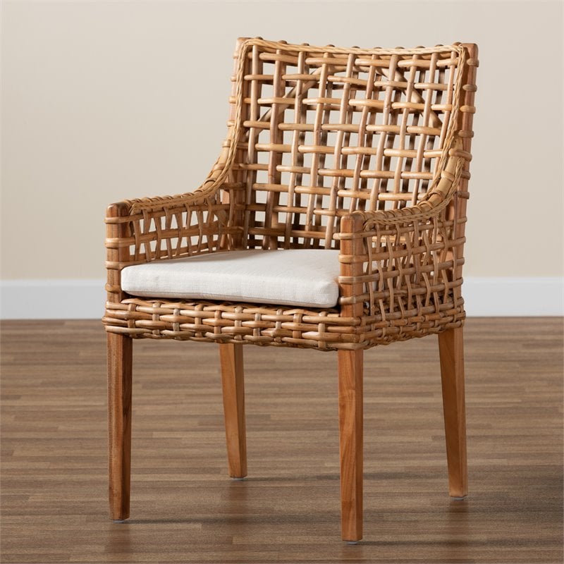 Baxton Studio Saoka Natural Brown Finished Wood and Rattan Armchair