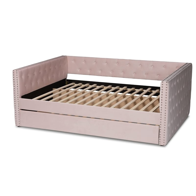 Baxton Studio Larkin Pink Velvet Upholstered Full Size Daybed with Trundle