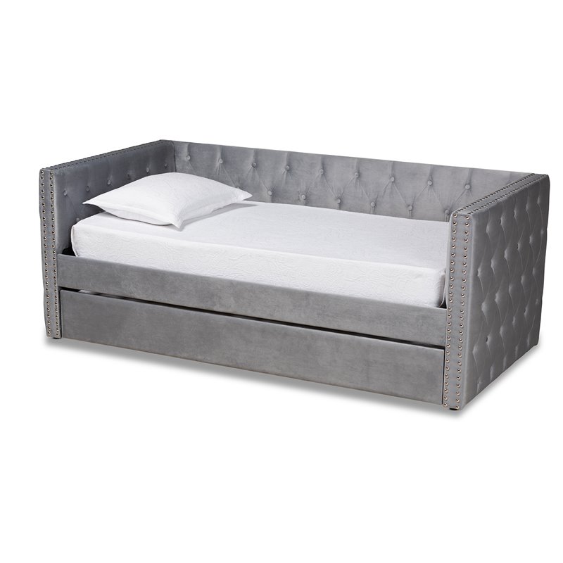 Baxton Studio Larkin Grey Velvet Upholstered Twin Size Daybed with Trundle