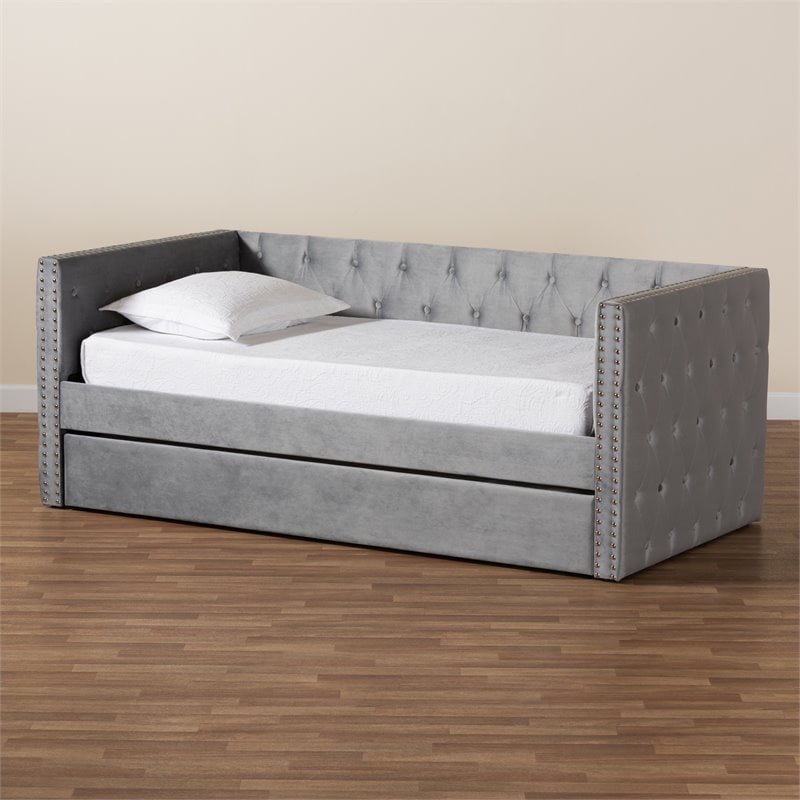 Baxton Studio Larkin Grey Velvet Upholstered Twin Size Daybed with Trundle