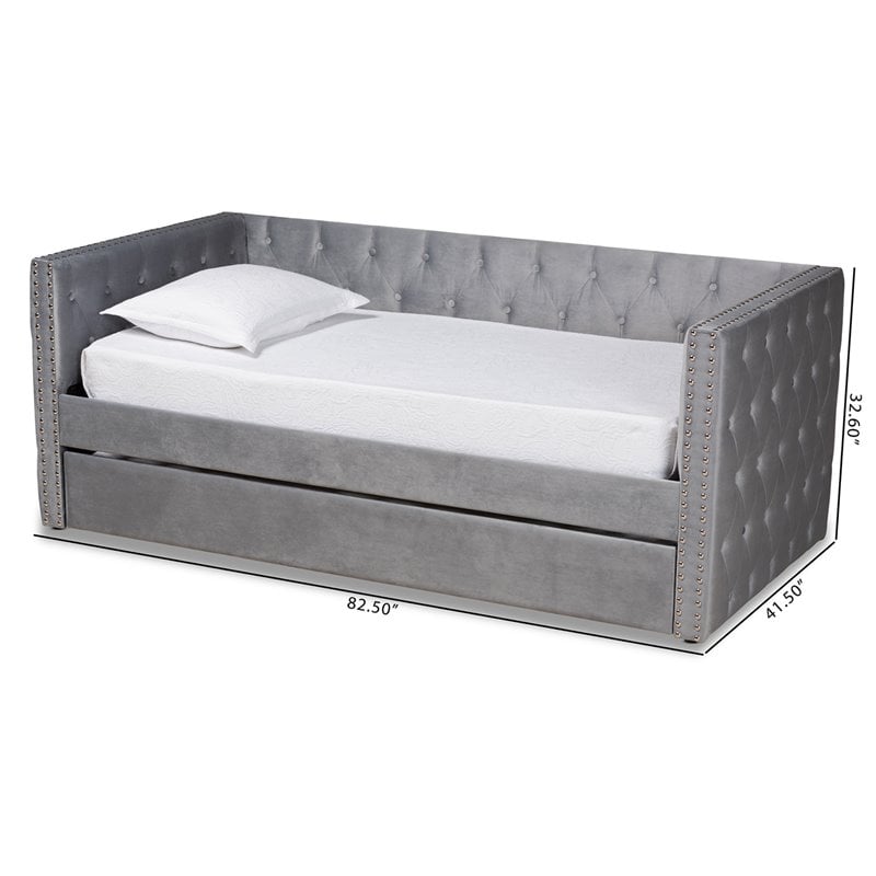 Baxton Studio Larkin Grey Velvet Upholstered Twin Size Daybed with Trundle