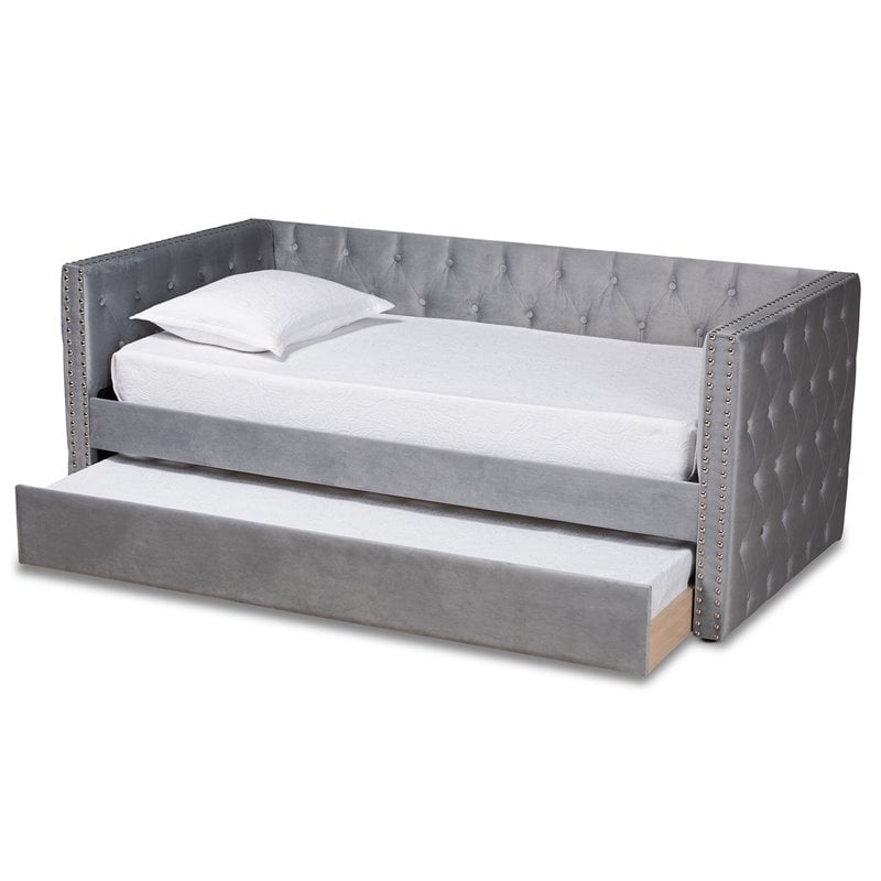 Baxton Studio Larkin Grey Velvet Upholstered Twin Size Daybed with Trundle