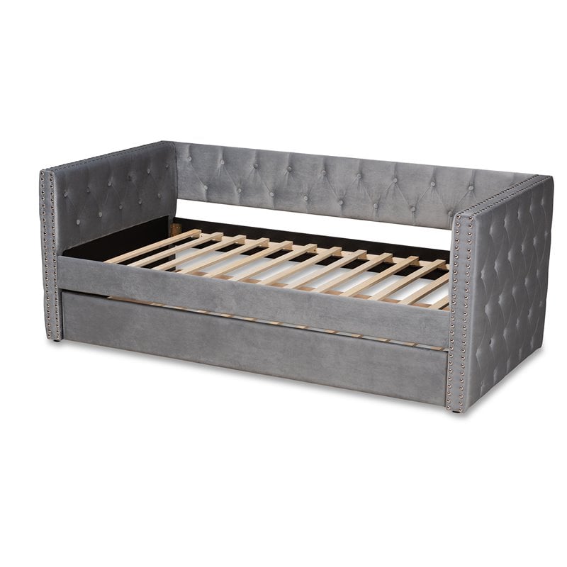 Baxton Studio Larkin Grey Velvet Upholstered Twin Size Daybed with Trundle