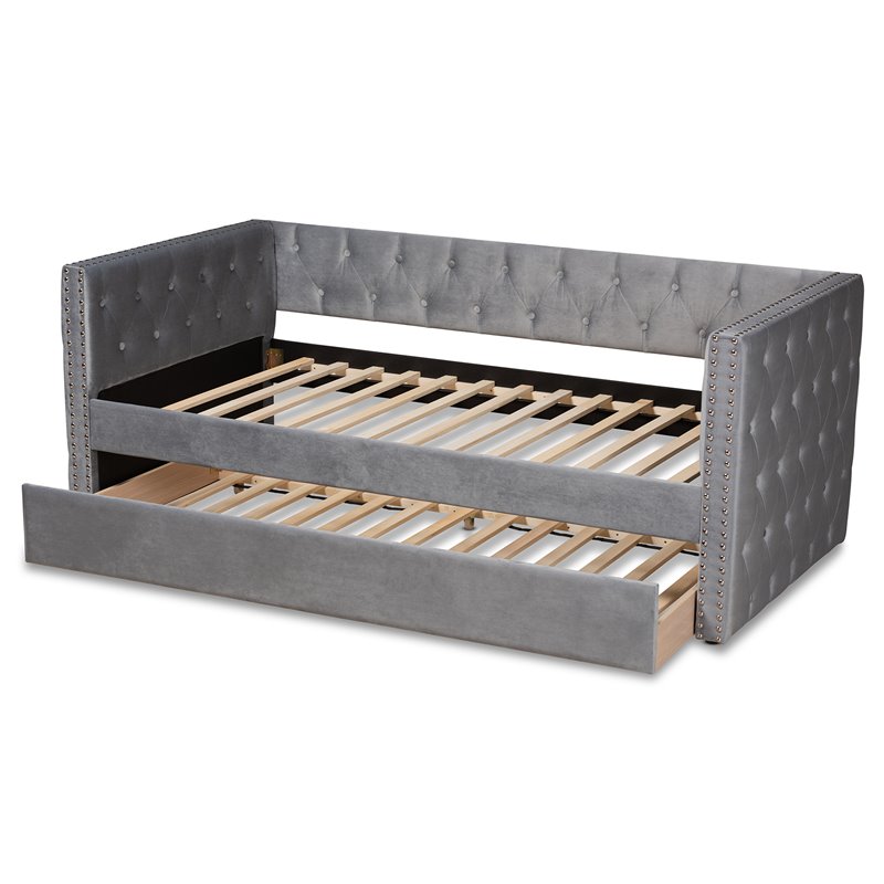 Baxton Studio Larkin Grey Velvet Upholstered Twin Size Daybed with Trundle