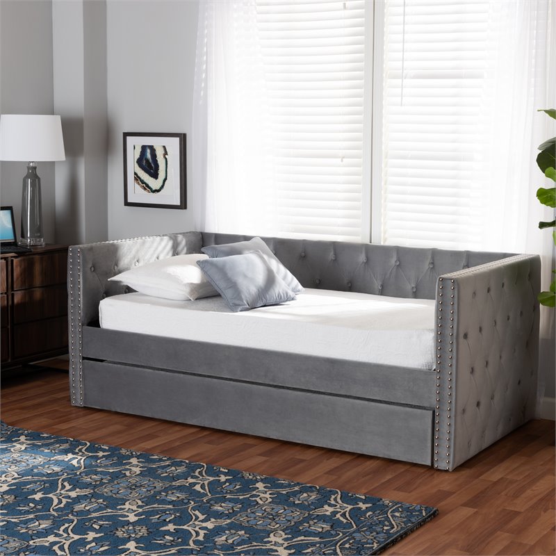 Baxton Studio Larkin Grey Velvet Upholstered Twin Size Daybed with Trundle