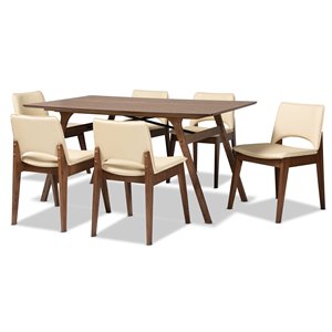 Baxton Studio Afton Beige Faux Leather and Brown Wood 7-Piece Dining Set