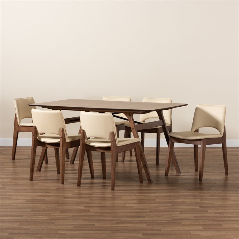 Baxton Studio Afton Beige Faux Leather and Brown Wood 7-Piece Dining Set