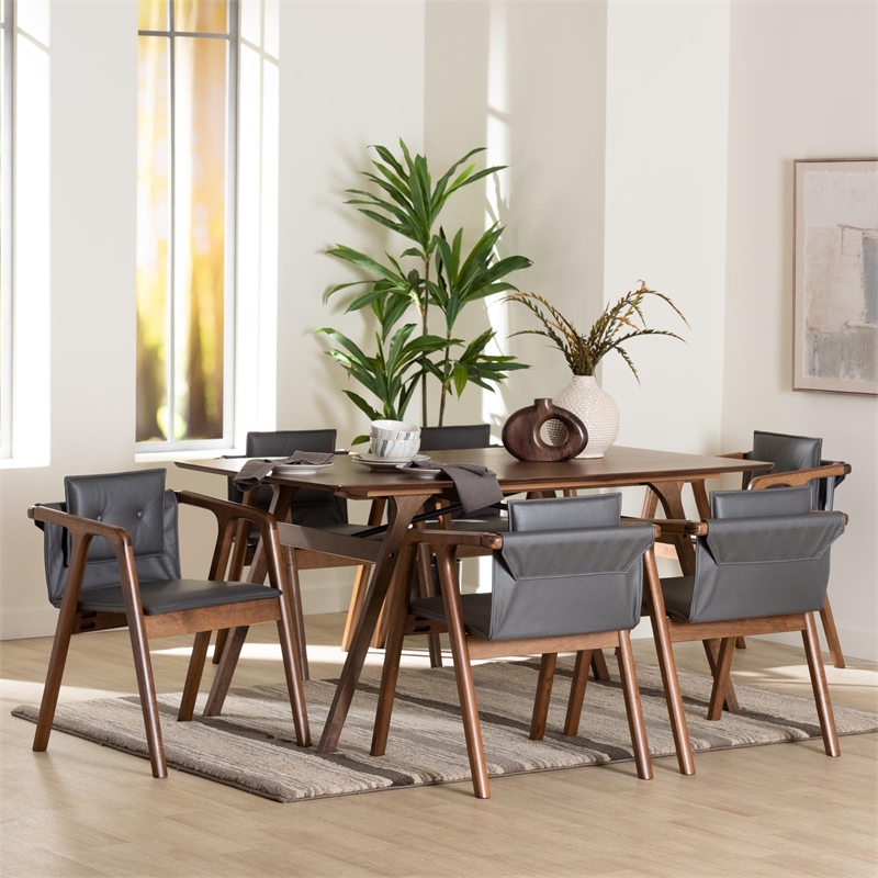 Baxton Studio Marcena Grey Leather and Brown Finished Wood 7-Piece Dining Set