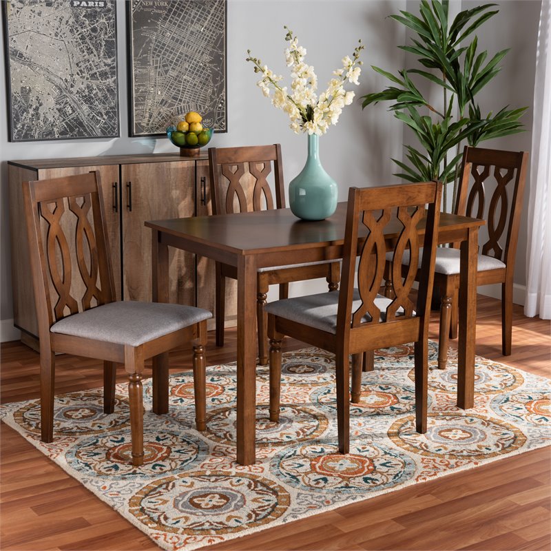 Baxton Studio Cherese Grey Fabric and Brown Finished 5-Piece Wood Dining Set